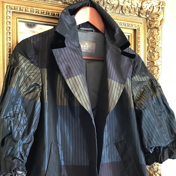 Etro Jackets & Blazers - ETRO Striped Shiny Velvet Trim Puff Sleeve Buttoned Front Jacket